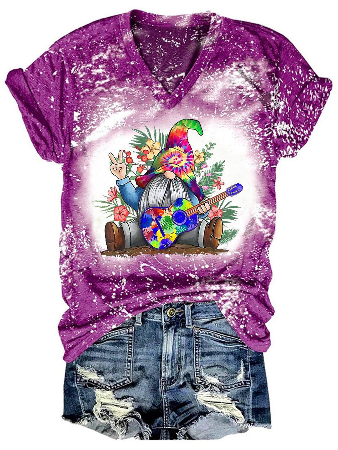 Women's Gnome Guitar Tie Dye Print Casual T-Shirt