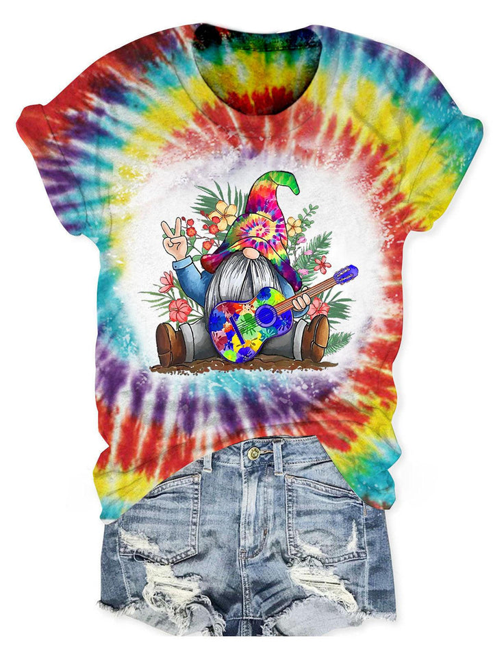 Women's Gnome Guitar Tie Dye Print Casual T-Shirt