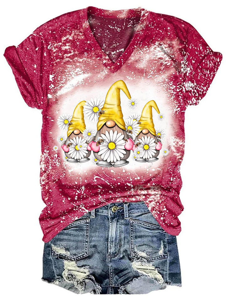 Women's Spring Gnome Floral Print Tie Dye Top