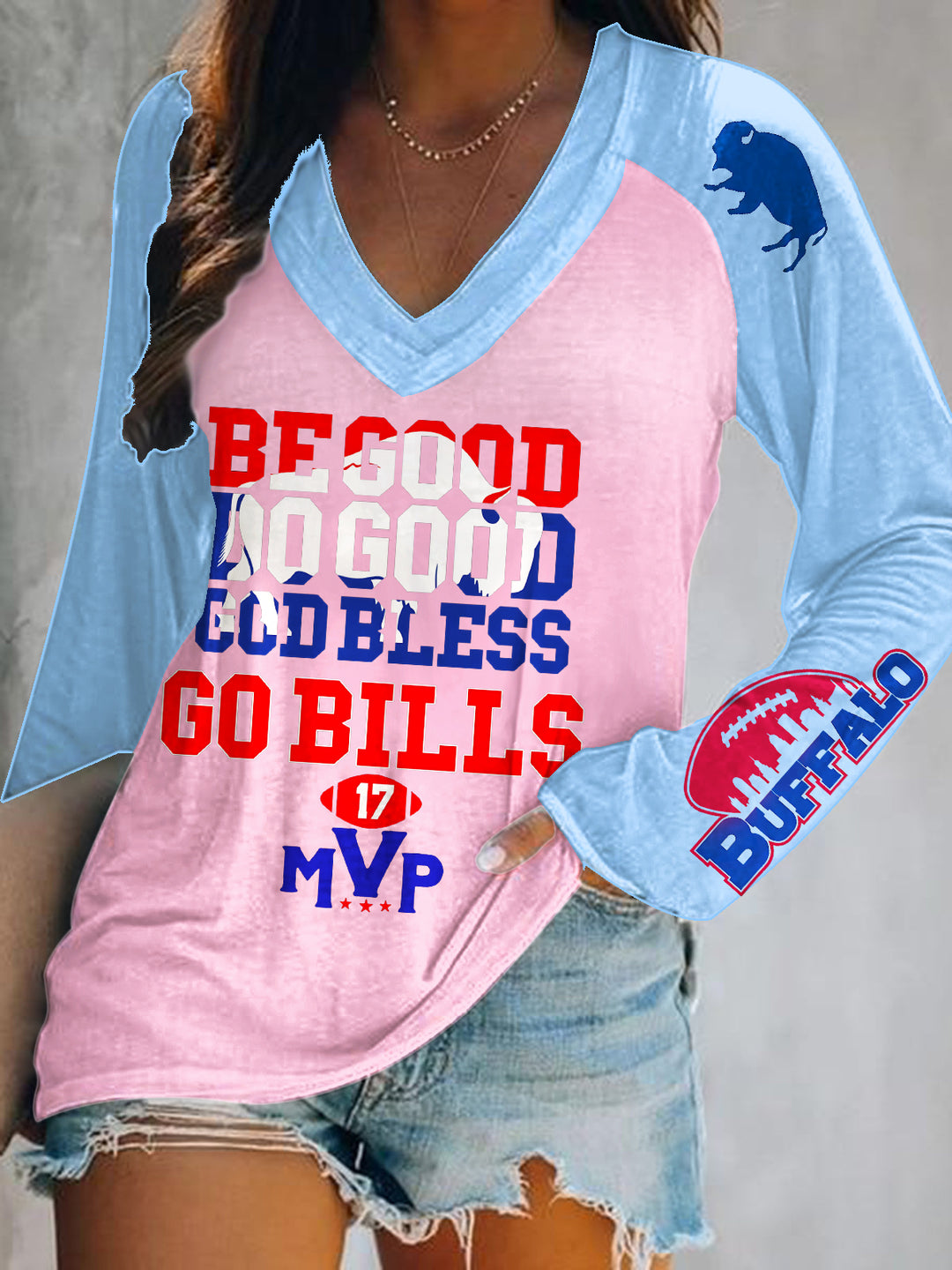 Buffalo Bills Football Print V-Neck Long Sleeve Top