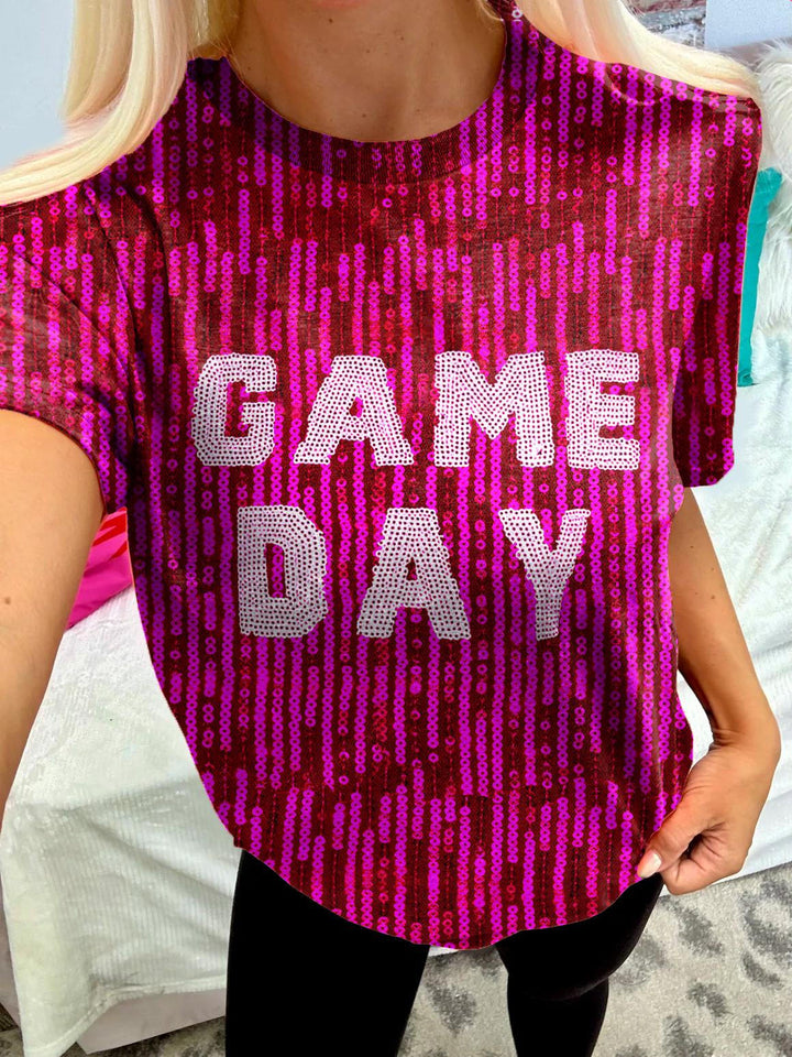 Football Imitation Sequined GAME DAY Printed Crew Neck T-shirt