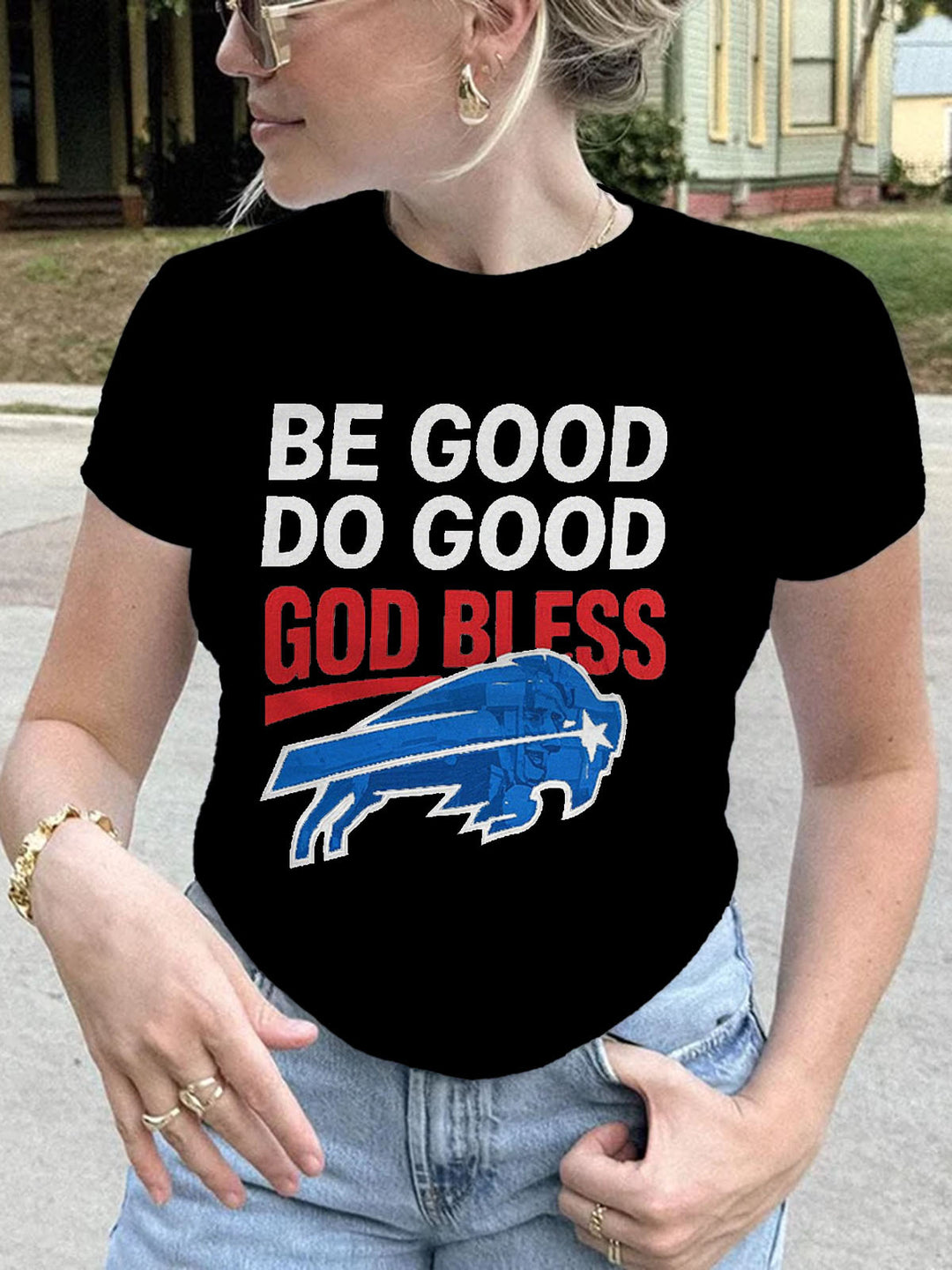 Be Good Do Good God Bless Go Bills Lässiges, kurzes, bauchfreies Kurzarm-T-Shirt