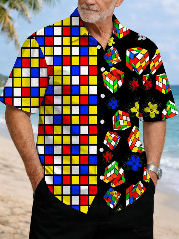Hawaiian Rubik's Cube Tropical Flowers Men's Pocket Short Sleeve Shirts