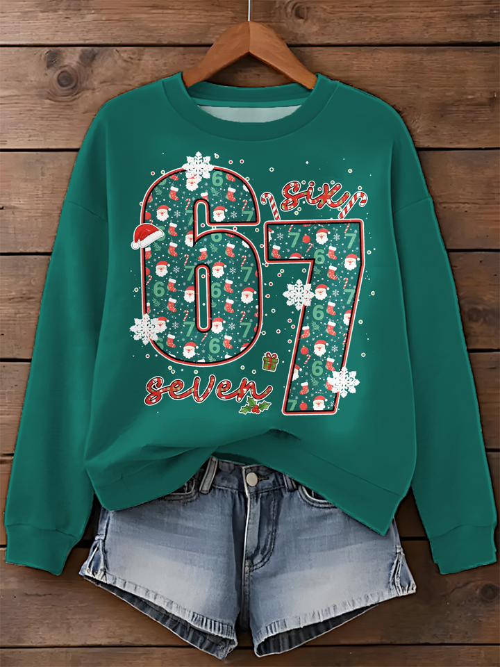 Funny Six Seven Meme Christmas Printed Long Sleeve Casual Top