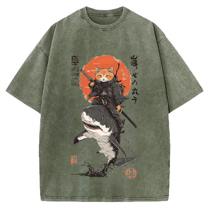 Japanese Cat Warrior Print Retro T-shirt