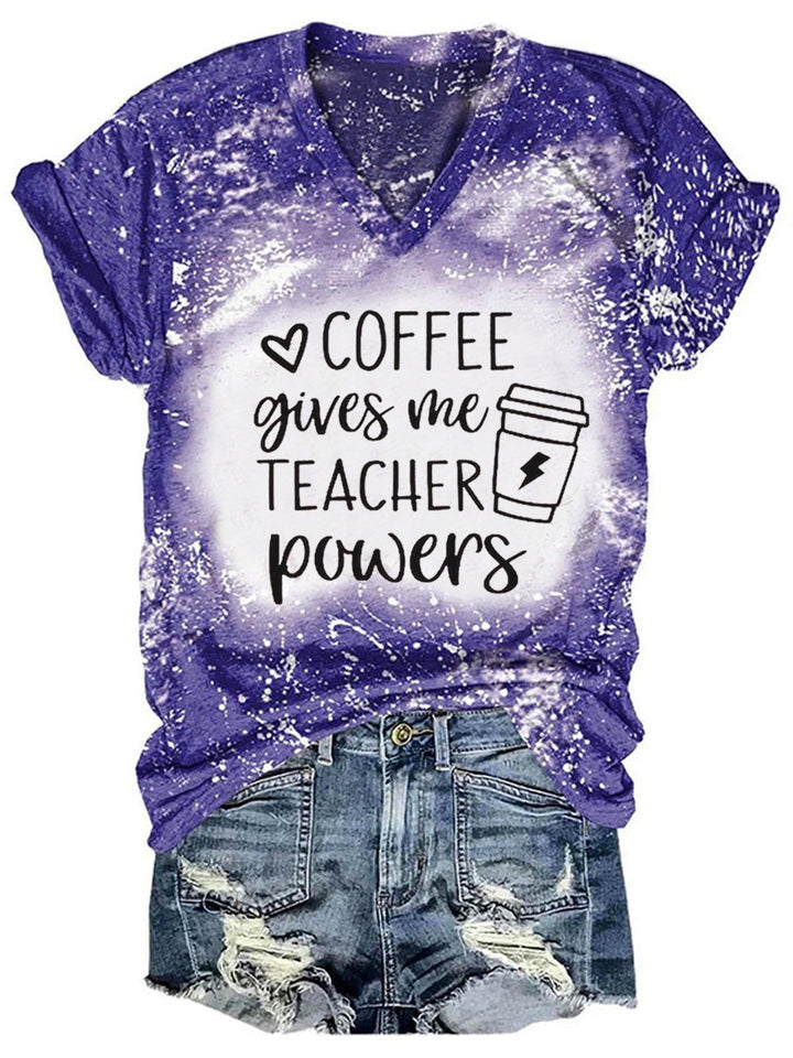 Coffee Give Me Teacher Powers Print Tie-Dye Short-Sleeve Top