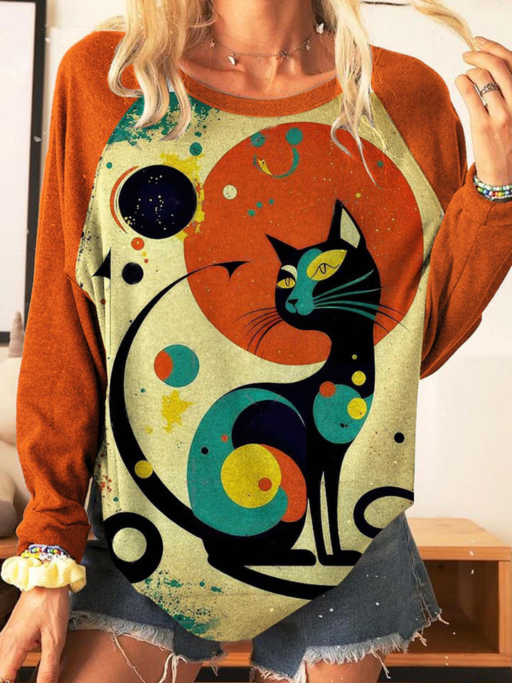 Geometric Cat Print Casual Top