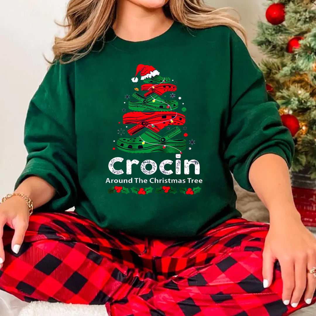 Women's Christmas Tree Crocin Print Crew Neck Casual Sweatshirt