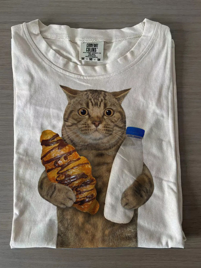 Cat Breakfast Crew Neck T-shirts