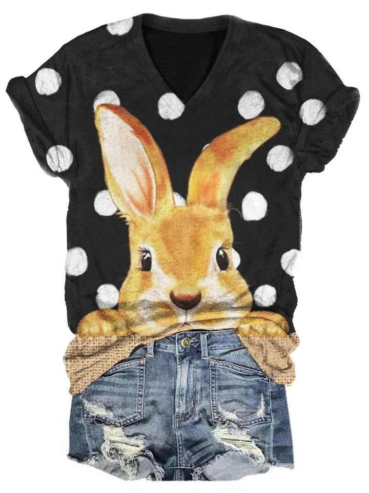 Women's V Neck Bunny Print Easter T-Shirt