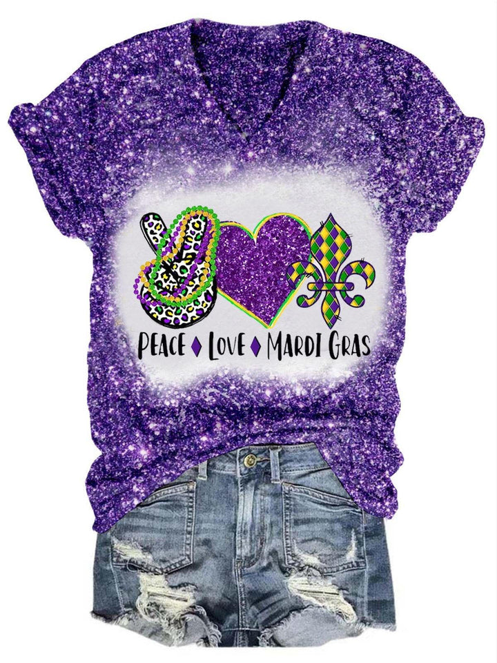 Glitter Peace Love Mardi Gras Print T-Shirt