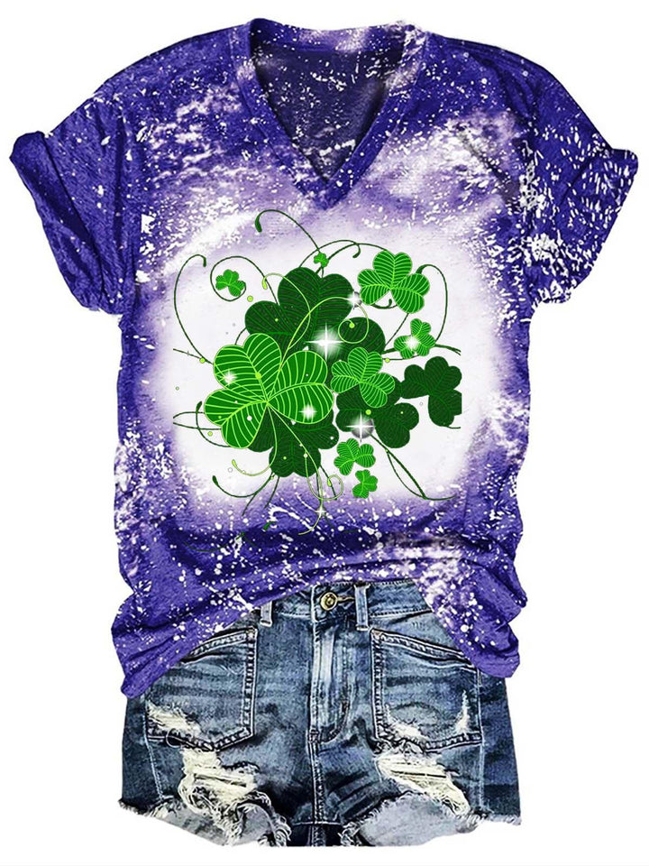 Glitter Clover Print Tie Dye Casual T-Shirt