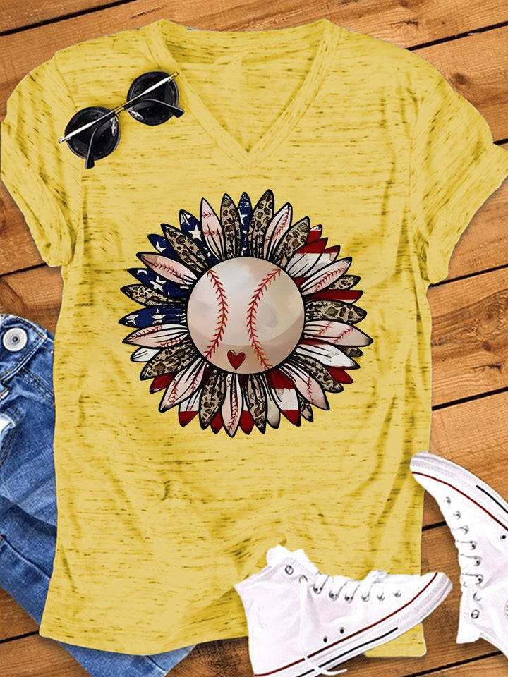 Leopard Baseball Sunflower V-Neck T-Shirt