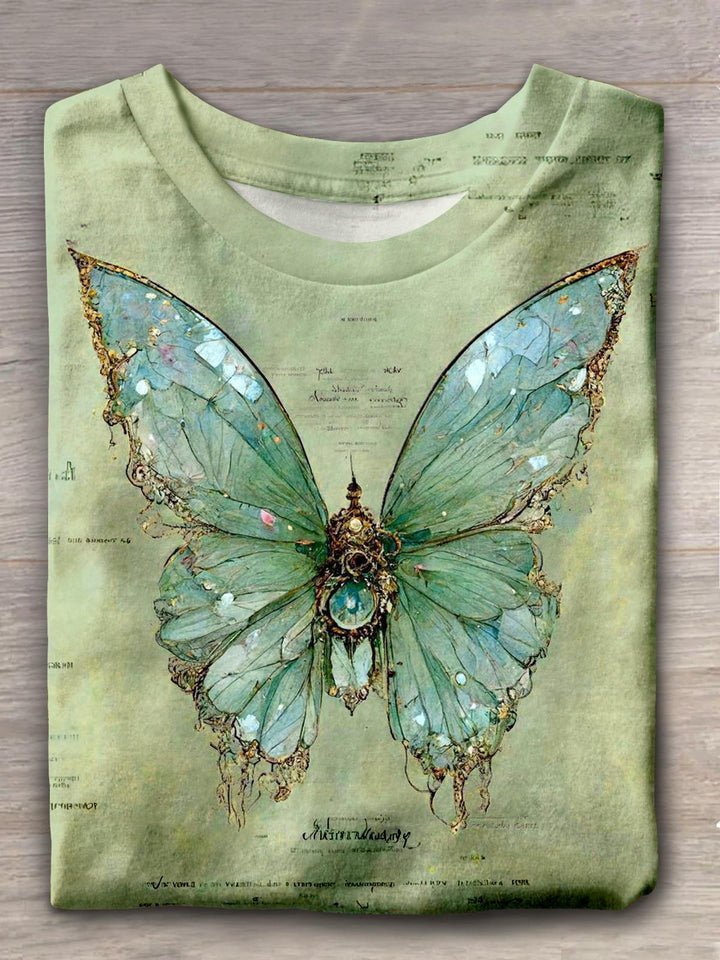 Women's Butterfly Retro Print Crew Neck T-shirt