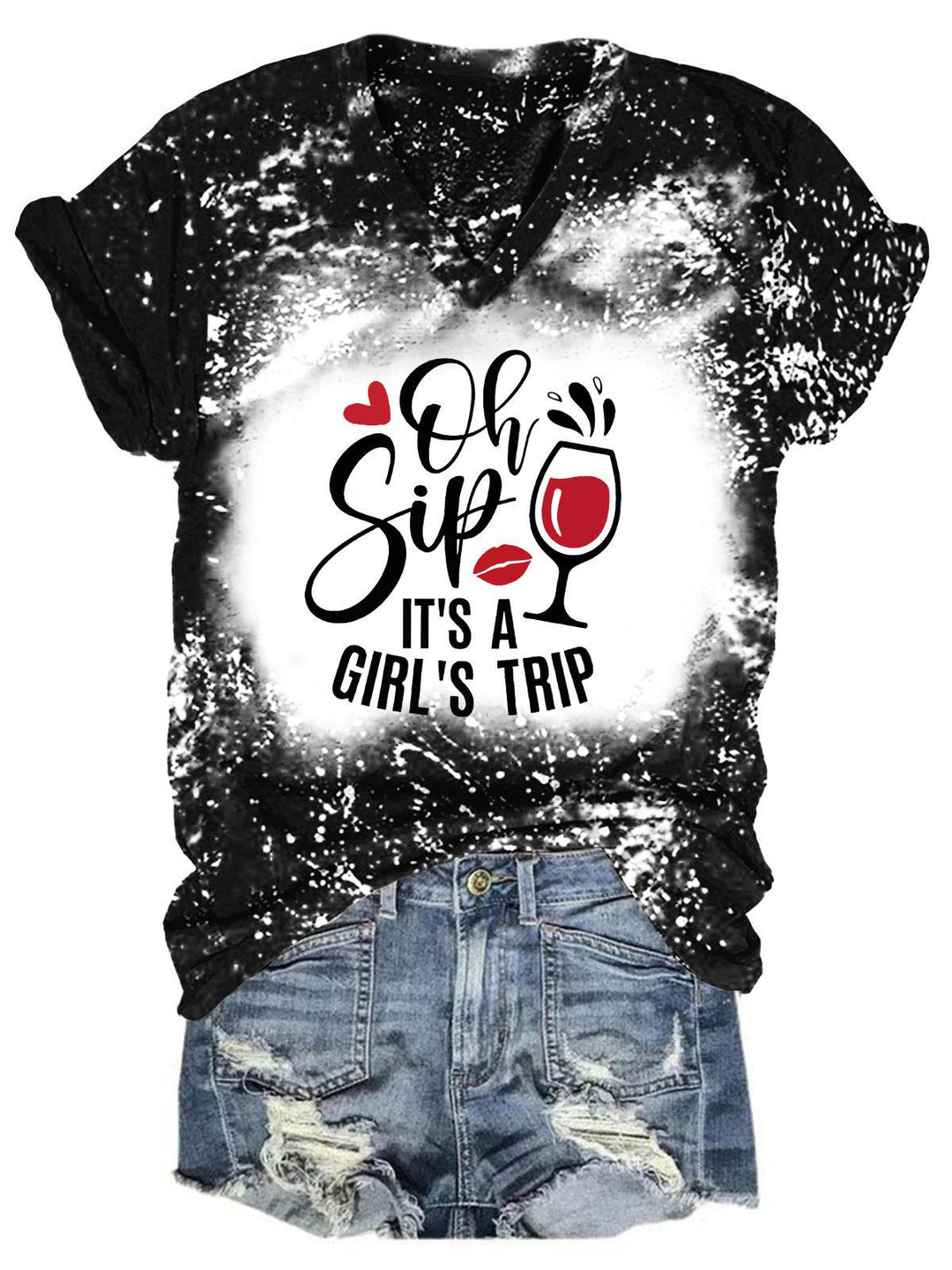 Oh Sip It's A Girl's Trip Bleaching V Neck T-shirt
