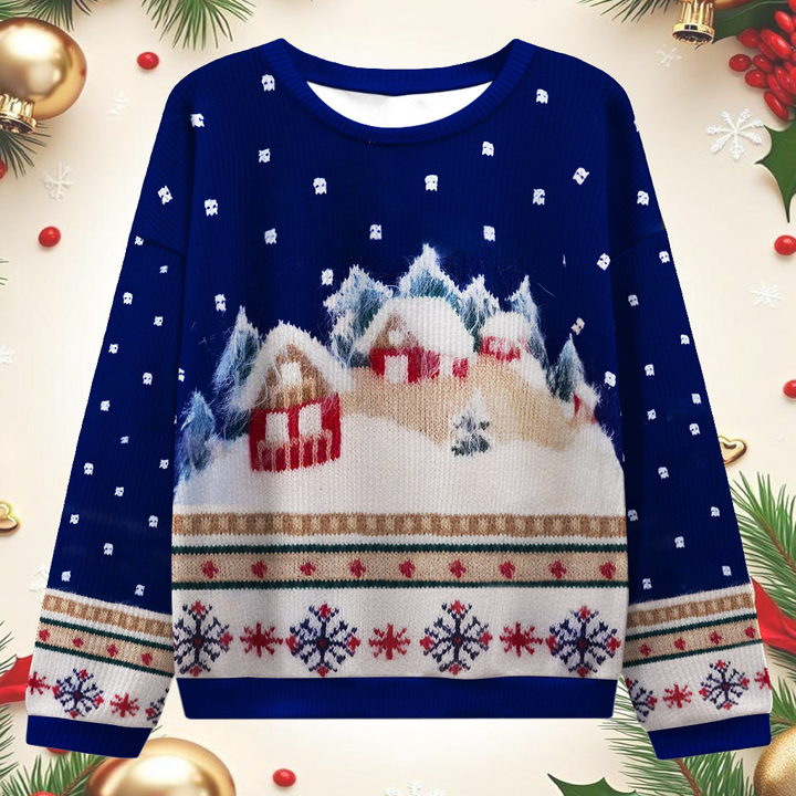 Women's Retro Cozy Christmas Cottage Round Neck Ugly Sweater