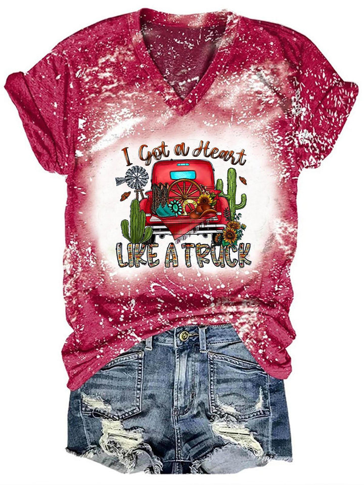 Women's V-Neck Tie Dye I Got A Heart Like A Truck Print T-Shirt