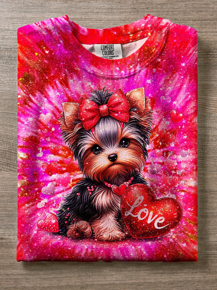 Valentine's Day Heart Cute Puppy Print Crew Neck T-shirt