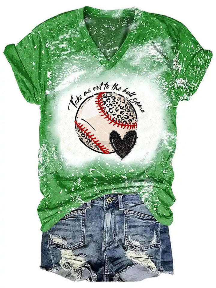 Women's Baseball Print V-Neck Tie Dye Top