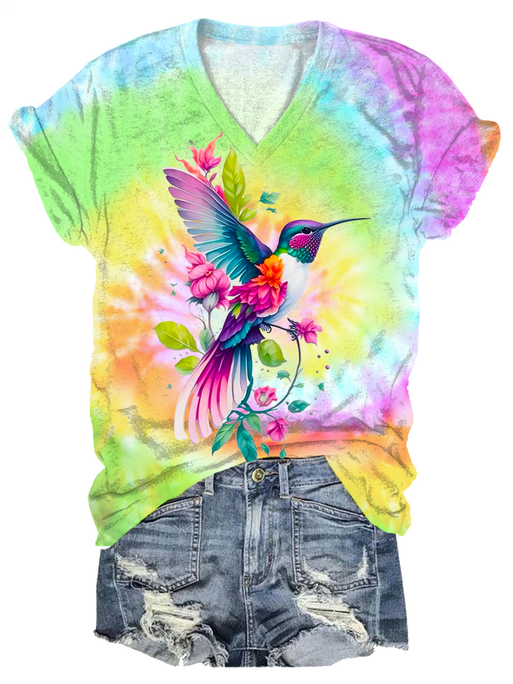 Tie-dye Hummingbird Flowers V-neck T-Shirt