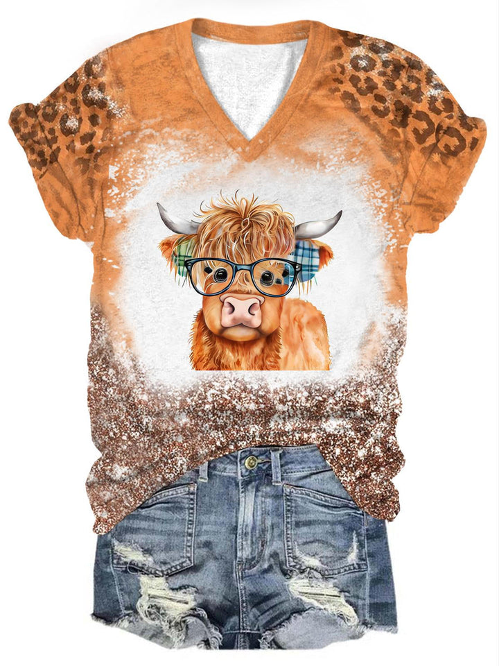 Women's Funny Highland Cattle Leopard Glitter Print Top