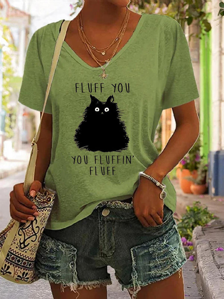 Women's Funny Cat Print V-Neck Solid Color Casual Top