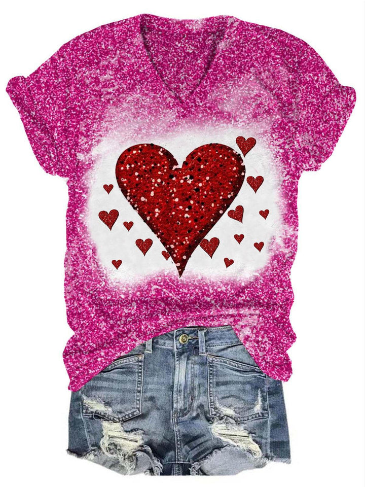 Women's Valentine's Day Heart Print Glitter T-Shirt