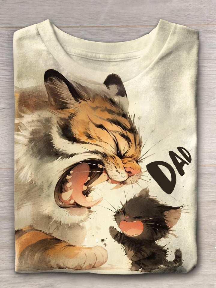 Roaring Tiger Dad/Mom And Cute Cat Kid Fun Print T-shirt