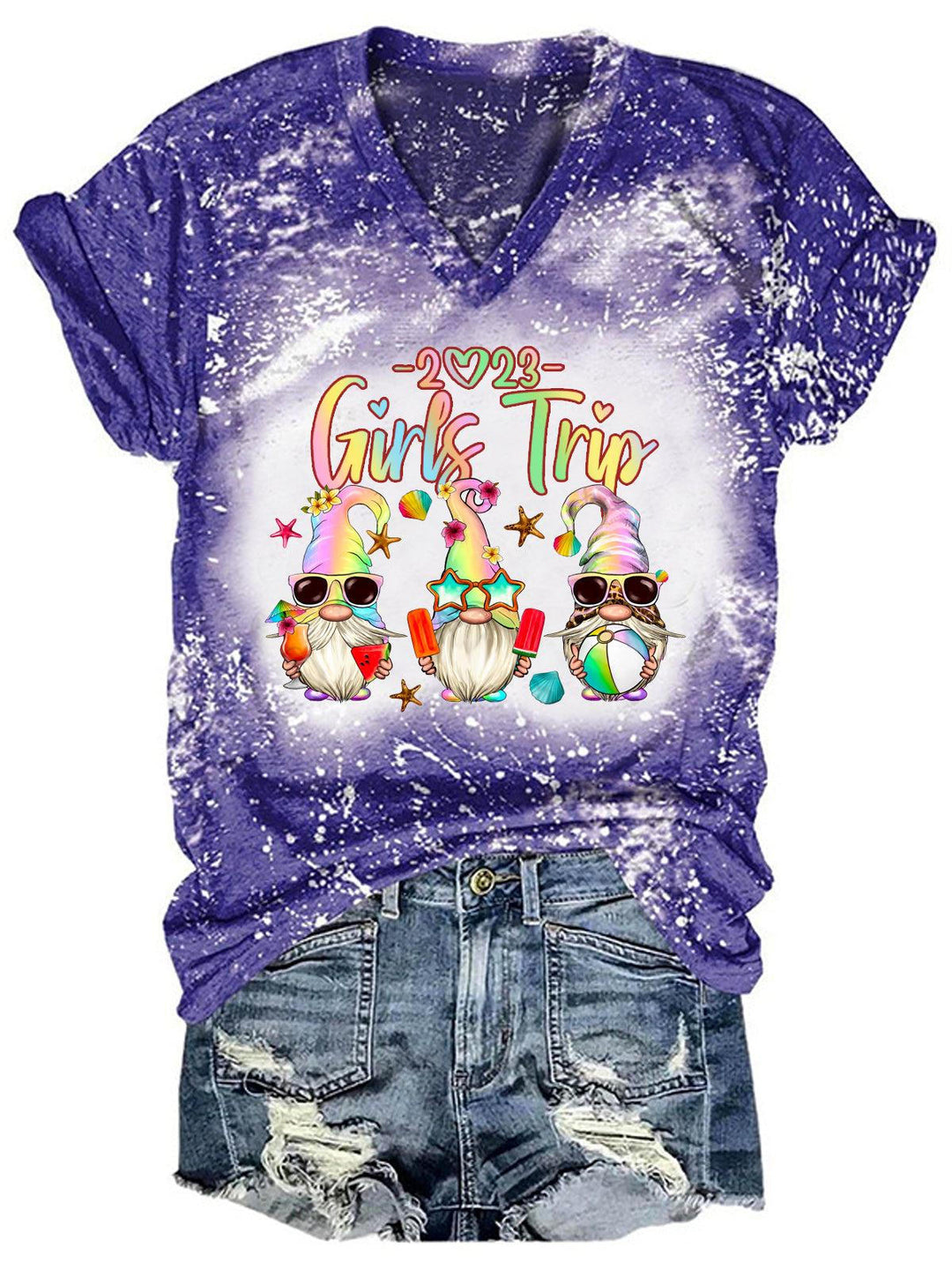 Women's Girls Trip 2023 Gnome Print Tie Dye Top