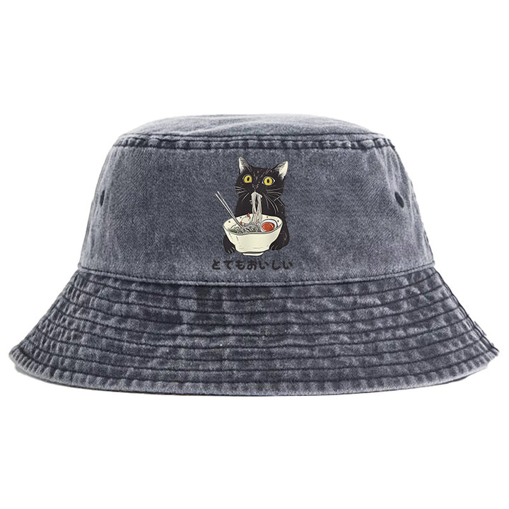 Cats Eat Ramen Noodles Washed Bucket Hat
