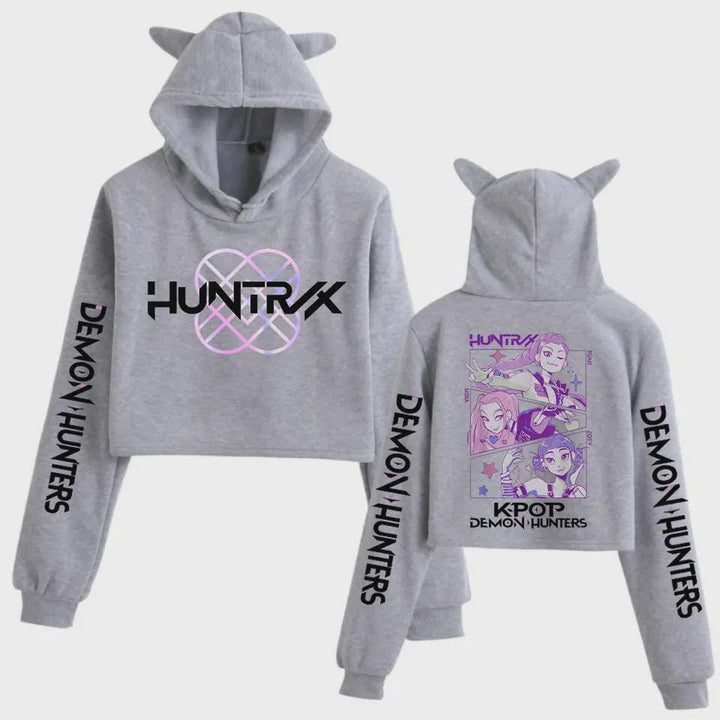 Kpop Demon Hunters Crop Tops Cat Ears Long Sleeve Hoodie