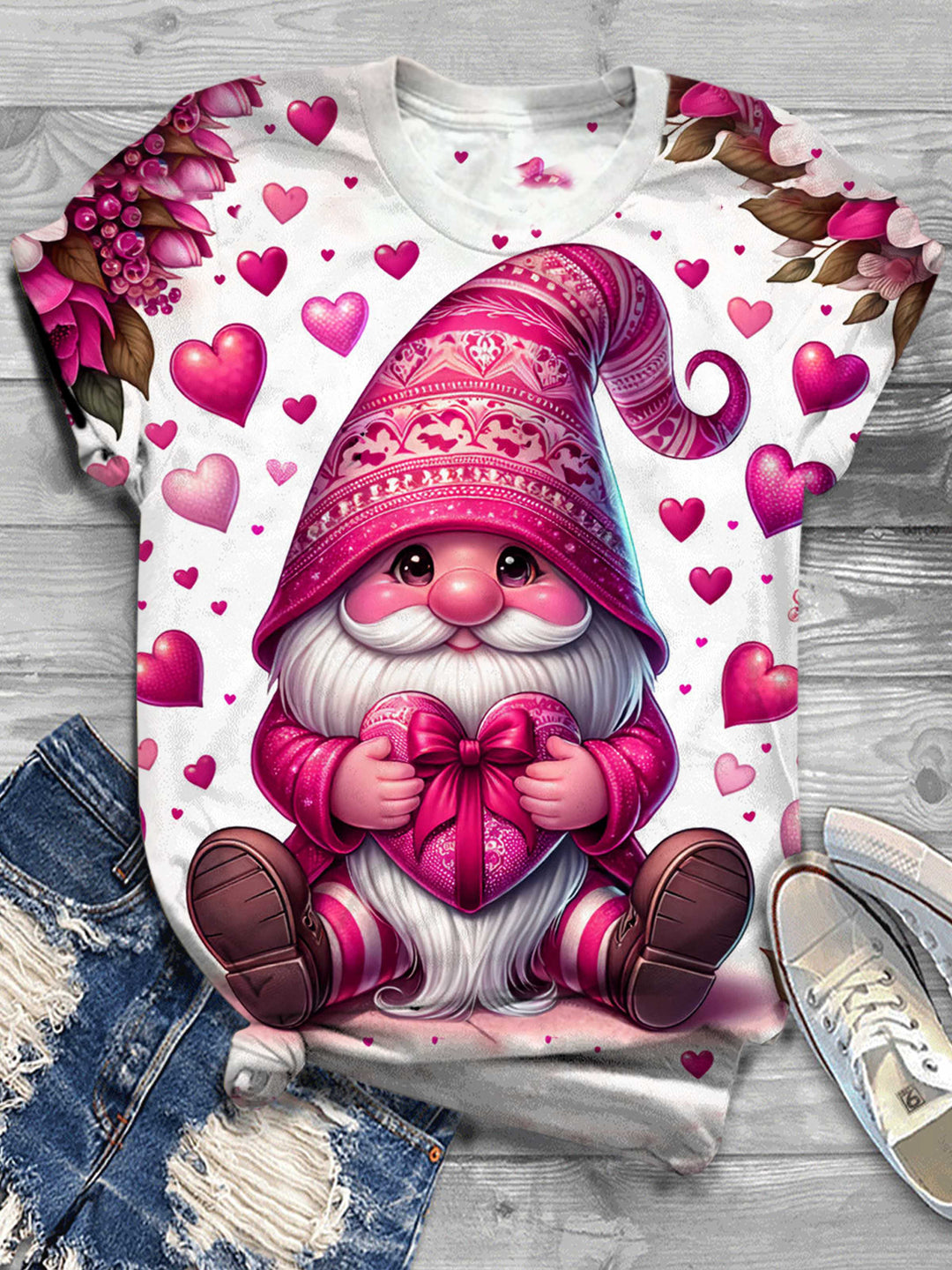 Valentines Day Gnome Print Crew Neck T-Shirt