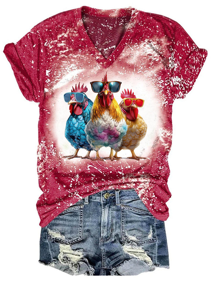 Chicken Wearing Sunglasses V-Neck Short Sleeve T-Shirt