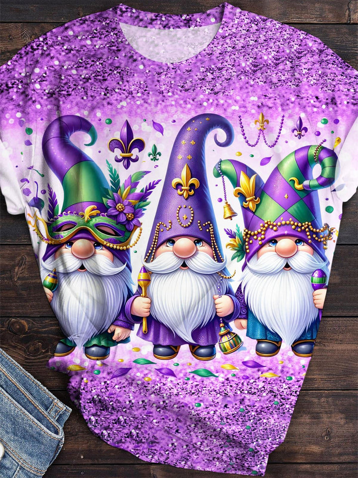 Mardi Gras Gnome Glitter Print Crew Neck T-Shirt