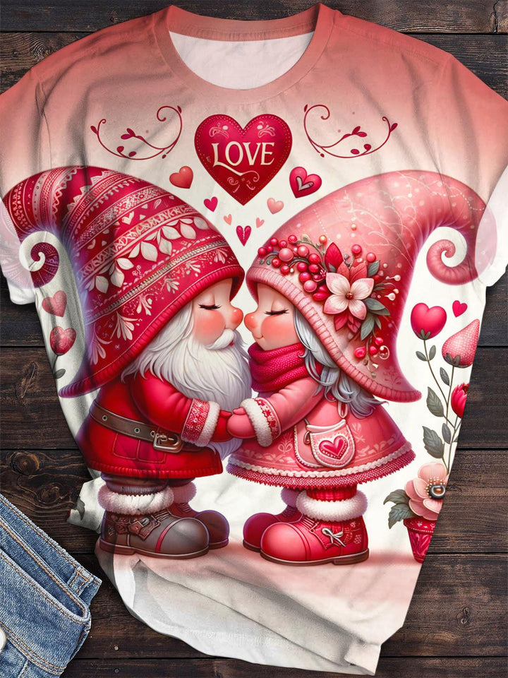 Valentine Love Gnomes Print Crew Neck T-Shirt