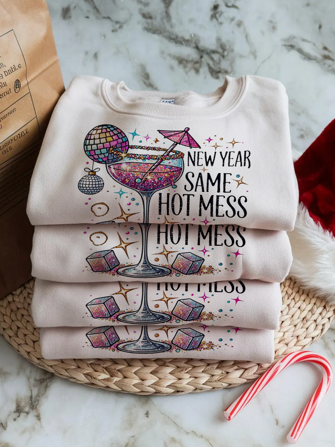 New Year Same Hot Mess Funny Drinking Long Sleeve Sweatshirt