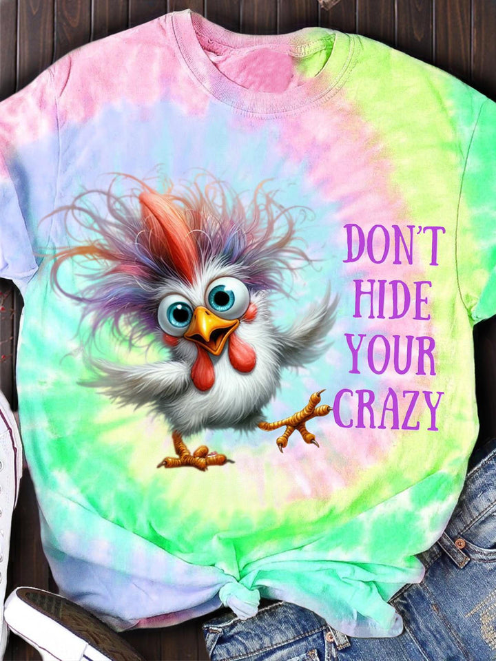 Tie Dye Funny Chicken Print Casual T-Shirt